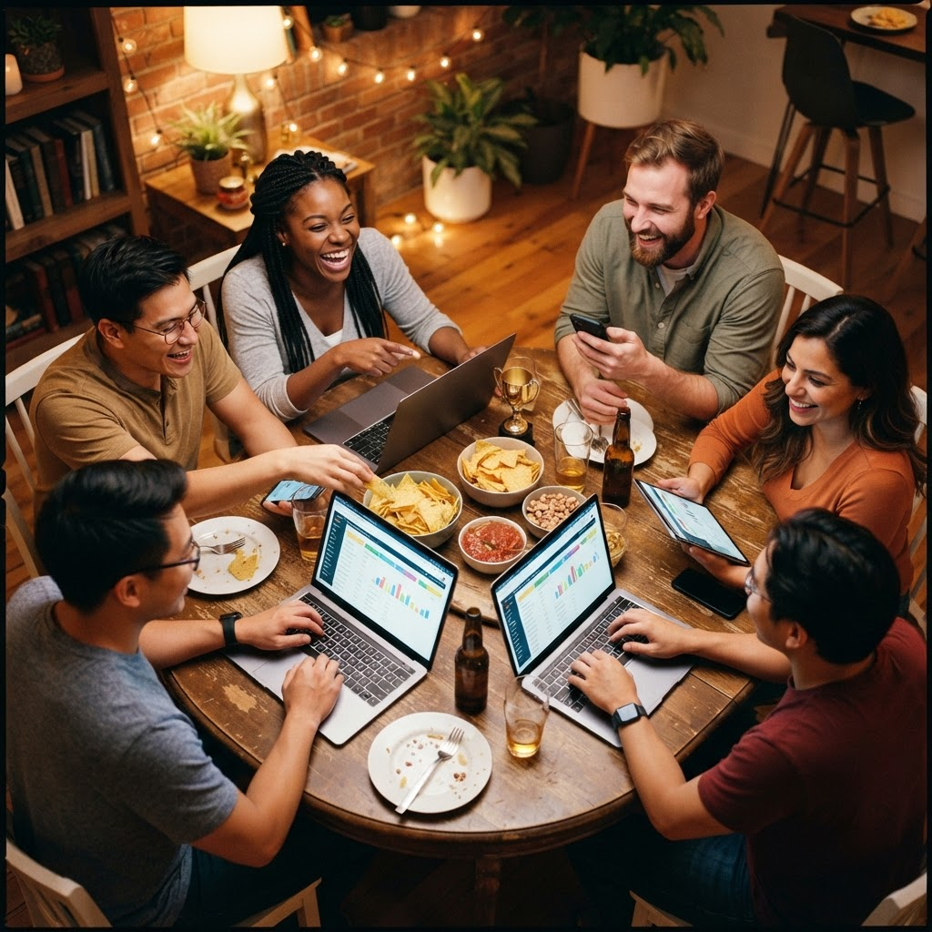 Friends drafting their fantasy teams together around a table
